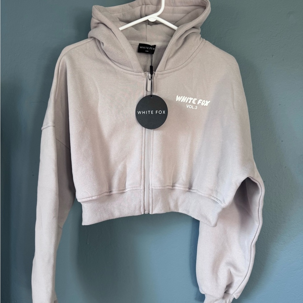 White Fox Boutique Offstage Cropped Zip Hoodie in Moon